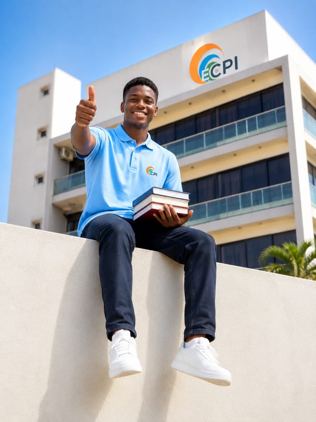 Étudiant assis devant le bâtiment de l'ECPI Dakar, sous le logo de l'école