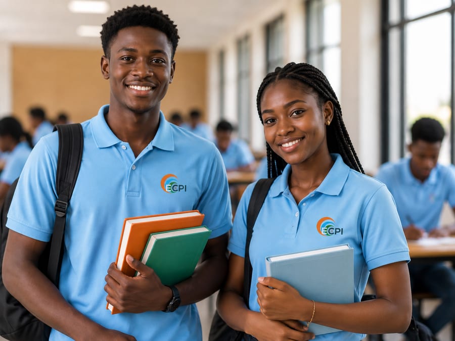Deux étudiants de l'ECPI en polo bleu, cahiers sous le bras, dans un couloir de l'ECPI Dakar