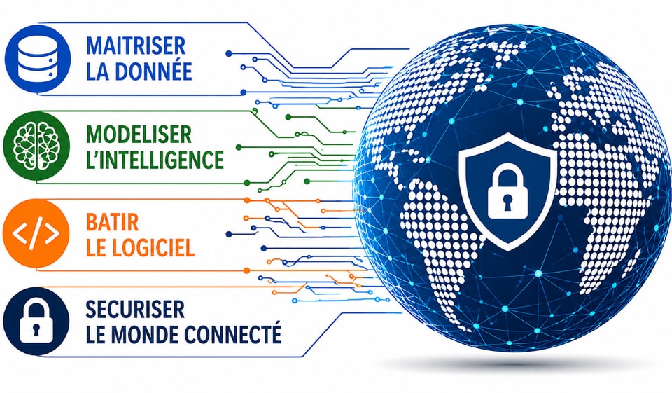 Diagramme ECPI : maîtriser la donnée, modéliser l'intelligence, bâtir le logiciel, sécuriser le monde connecté, reliés à un globe protégé par un bouclier et un cadenas